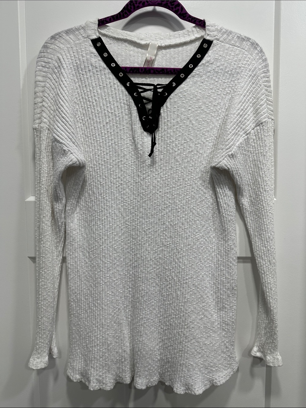 White Waffle Knit Long Sleeve Top with Black Lace-Up Neck - Size Medium